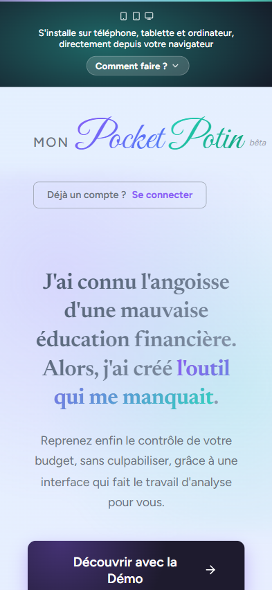 Écran d'accueil de l'application Mon Pocket Potin